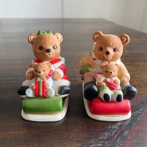 Homco Vintage Christmas Teddy Bear Sledding‎ Porcelain Figurines Set of 2 5102